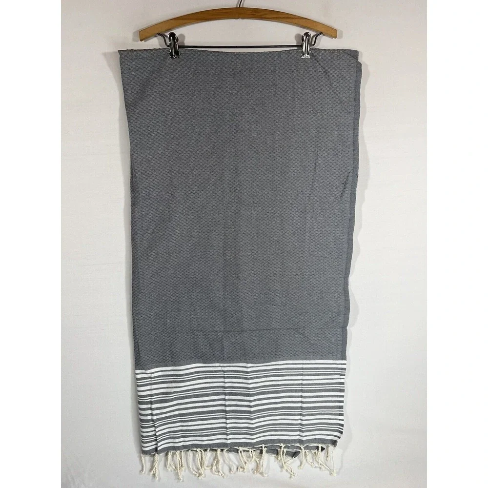 Williams Sonoma Table Runner Gray Stripe Linen Fringe Minimalist Coastal Decor